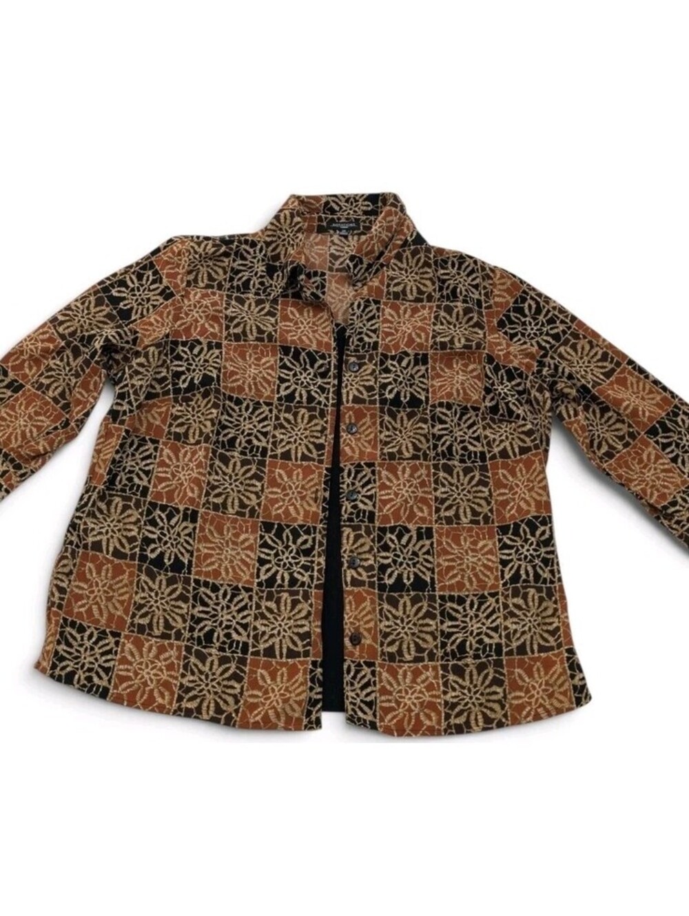 Notations Woman 2X Button Front Blouse Brown Black Rust Floral Patchwork